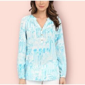 Lilly Pulitzer Top Blouse Blue White Print Sleeve Gold Button Detail Size XXS